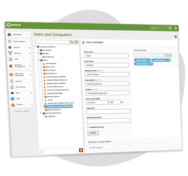 Zentyal users and computers management screen