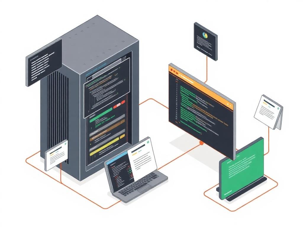 Illustration of a Zentyal server with code windows and community contribution cards