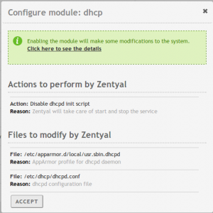 Changes that will take place when DHCP module is enabled on Zentyal Server
